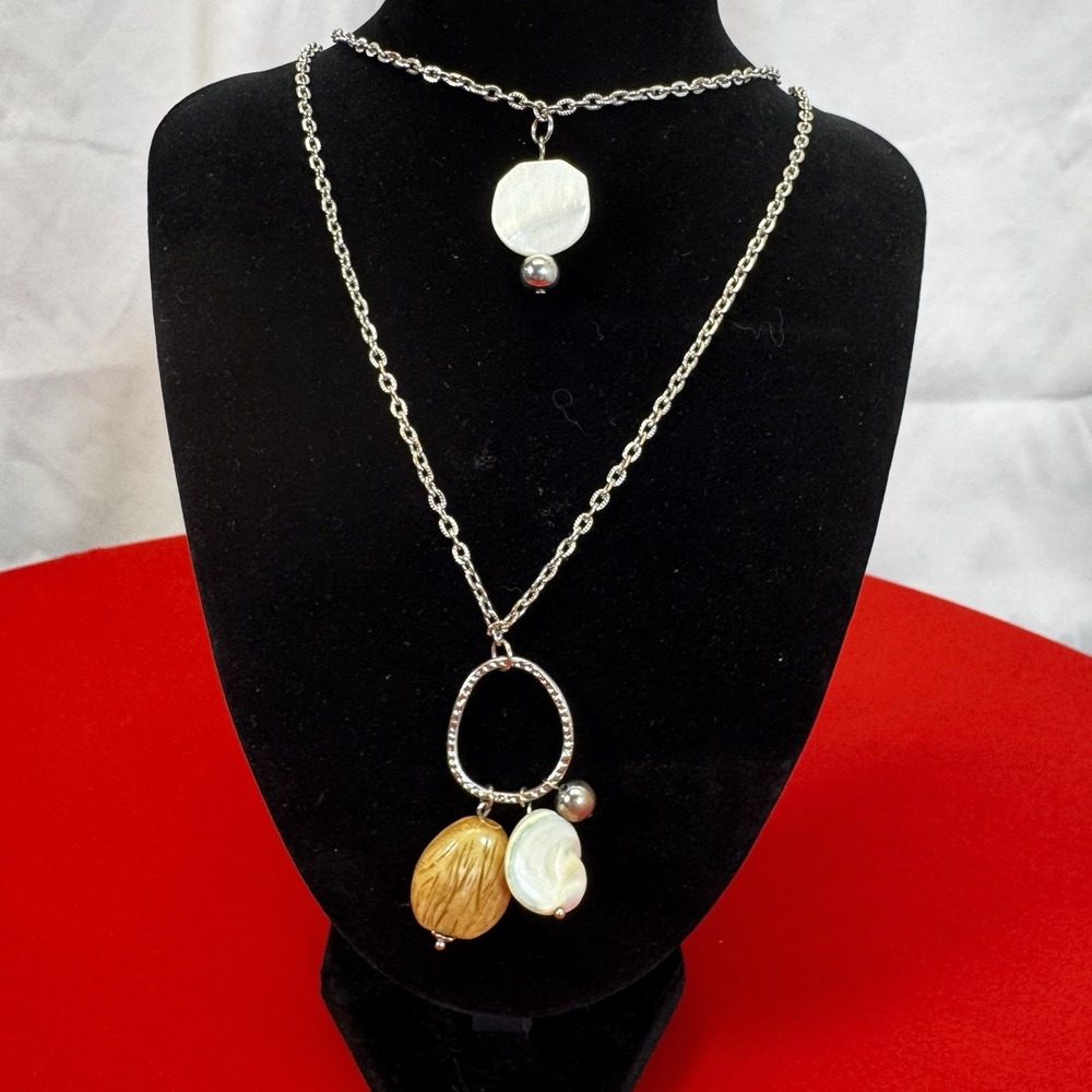 Chicos Double Layer Silver Tone Boho White & Brown Iridescent Necklace